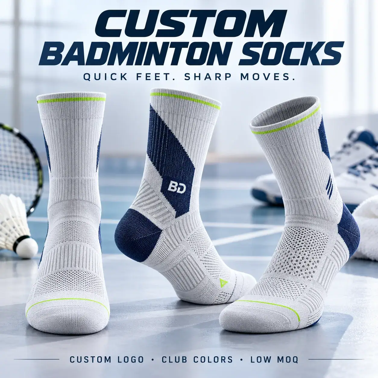 AI-generated custom badminton socks design reference; not an actual product photograph