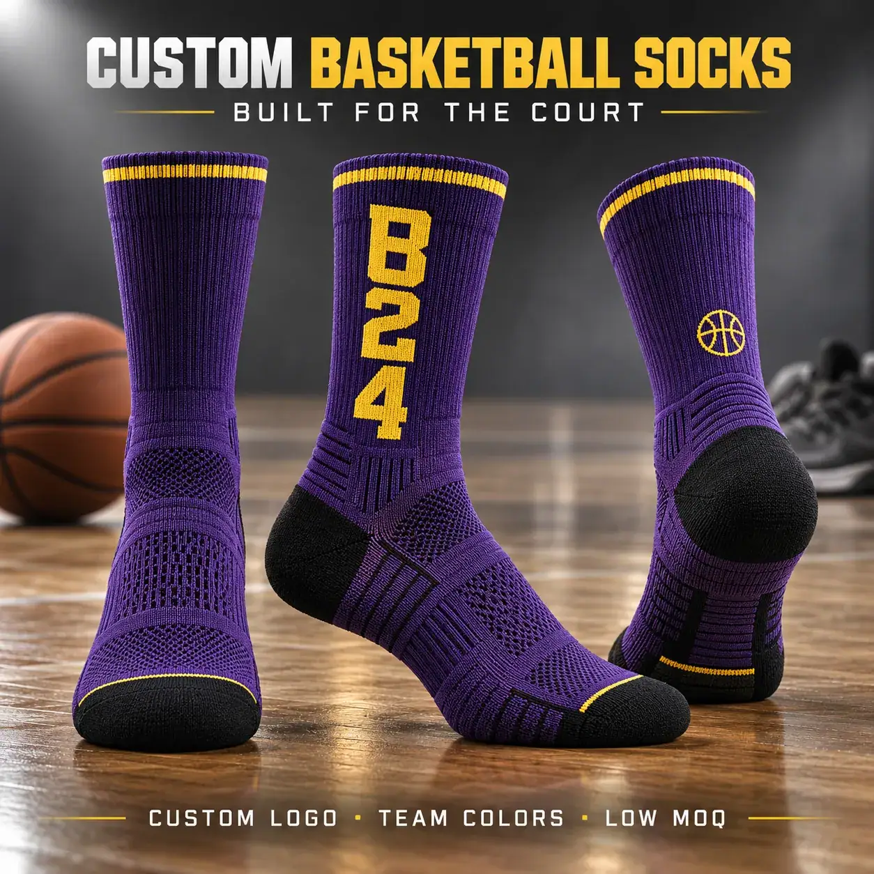 AI-generated custom basketball socks design reference; not an actual product photograph