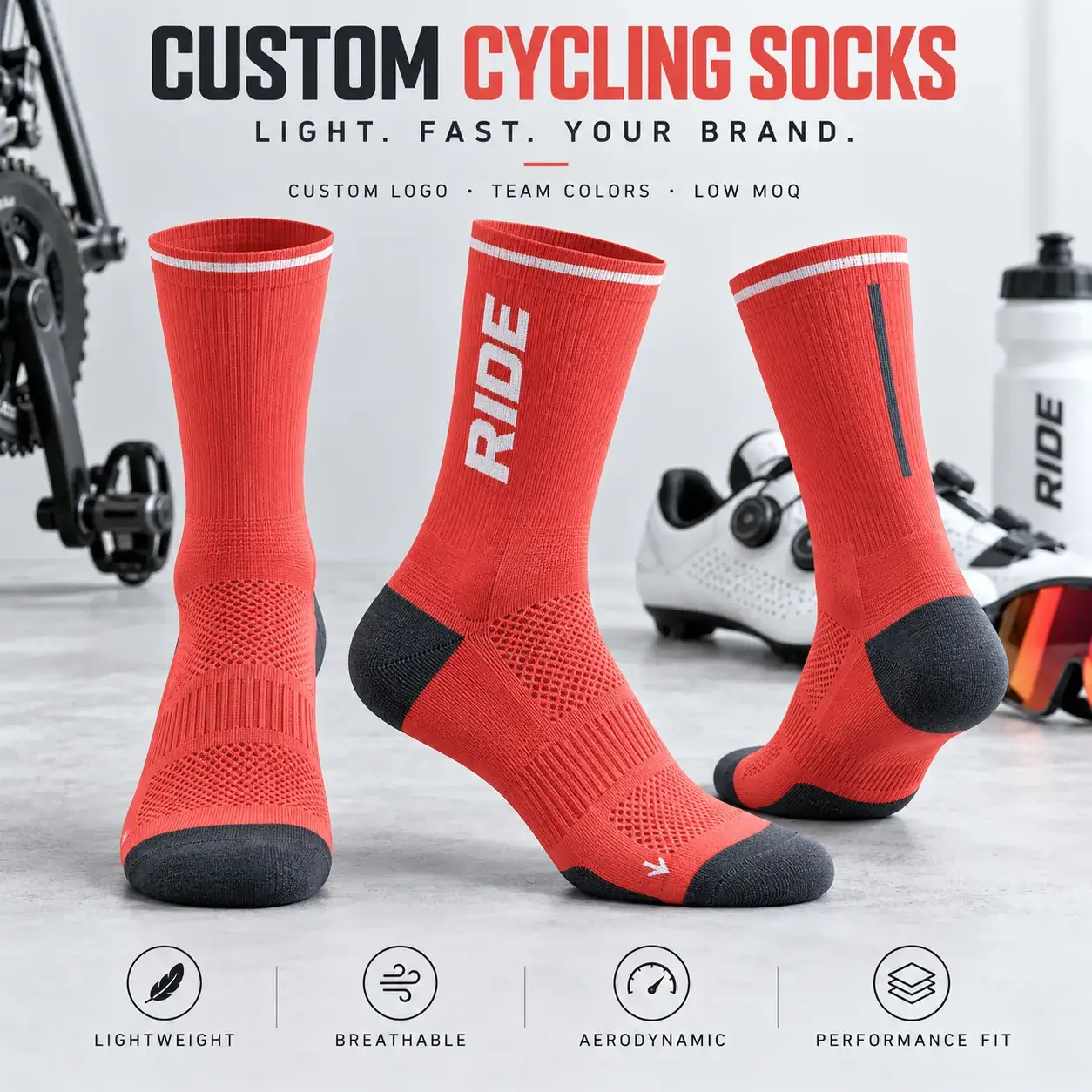 AI-generated custom cycling socks design reference; not an actual product photograph