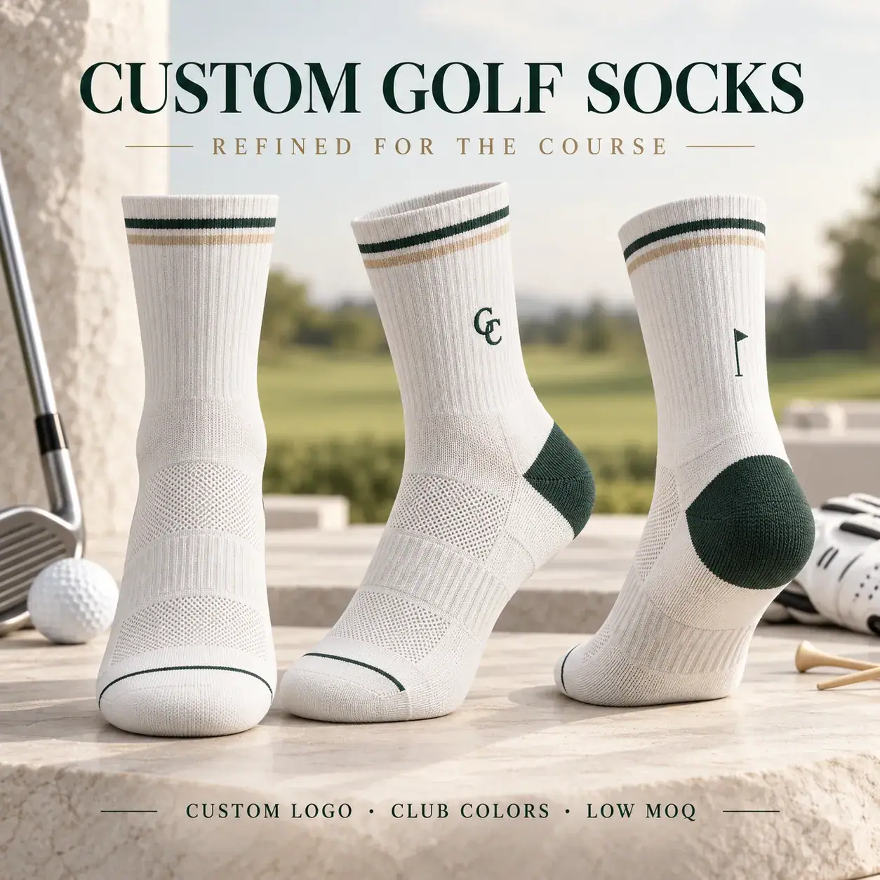 AI-generated custom golf socks design reference; not an actual product photograph