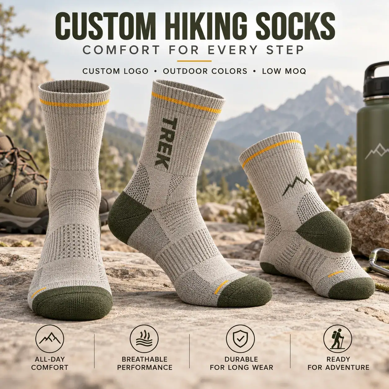 AI-generated custom hiking socks design reference; not an actual product photograph