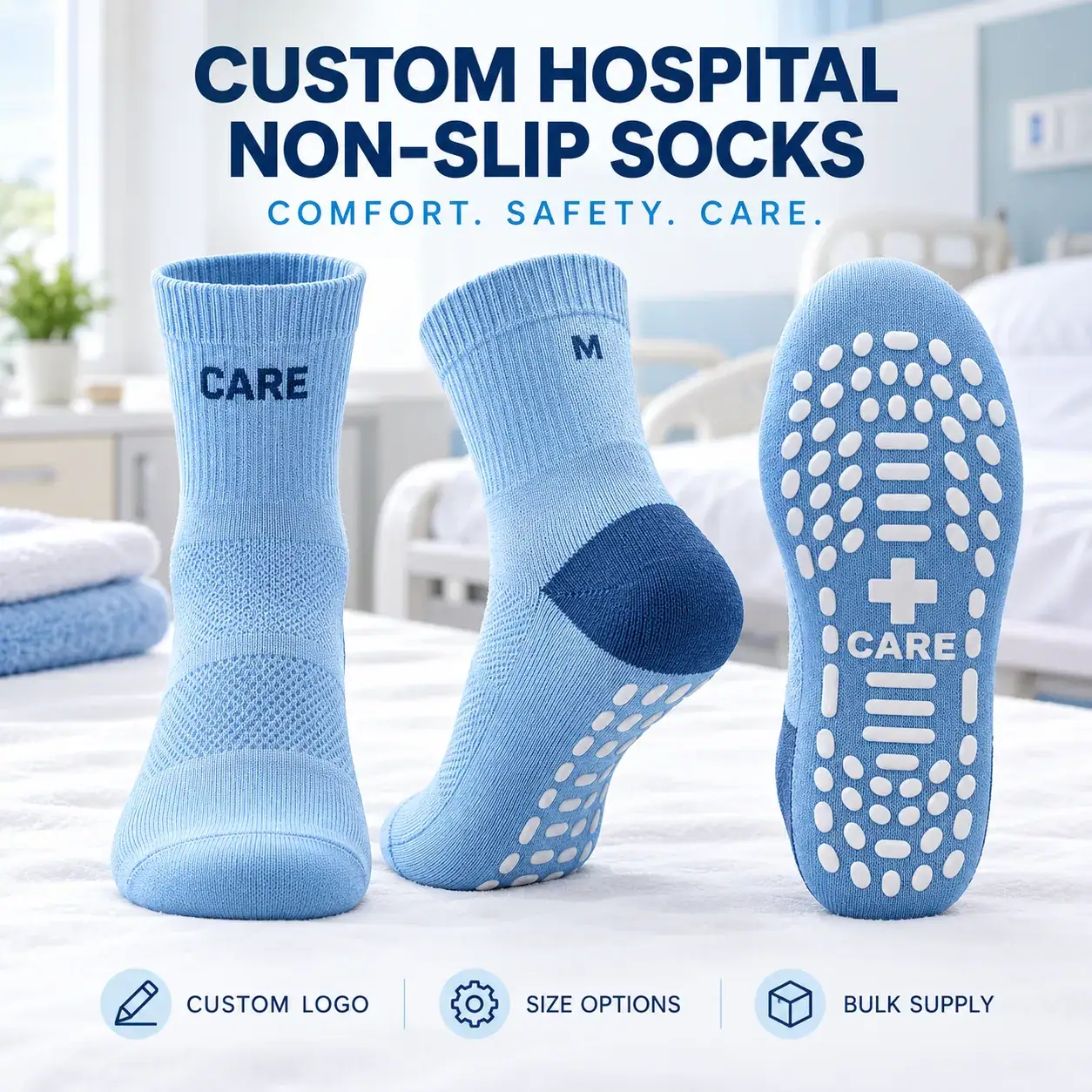 AI-generated custom hospital non-slip socks design reference; not an actual product photograph