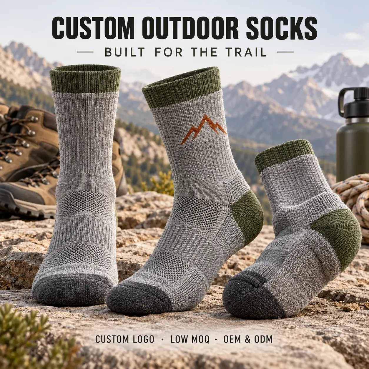 AI-generated custom outdoor socks design reference; not an actual product photograph
