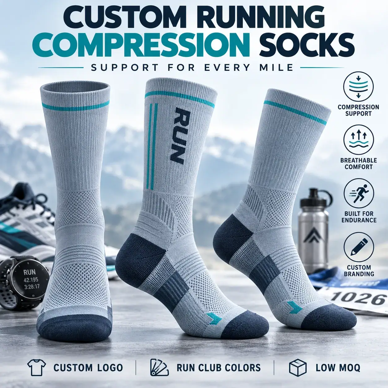 AI-generated custom running socks design reference; not an actual product photograph