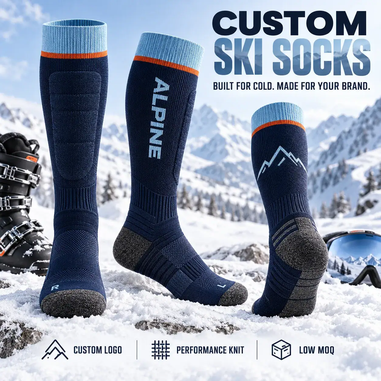 AI-generated custom ski socks design reference; not an actual product photograph