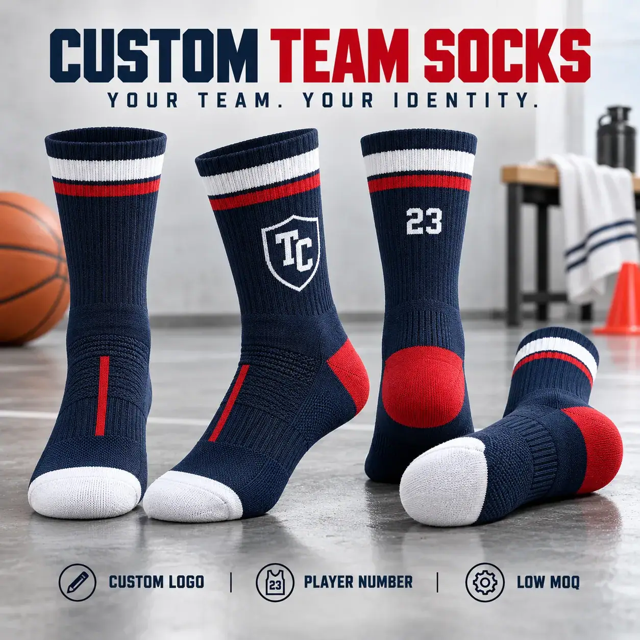 AI-generated custom team socks design reference; not an actual product photograph