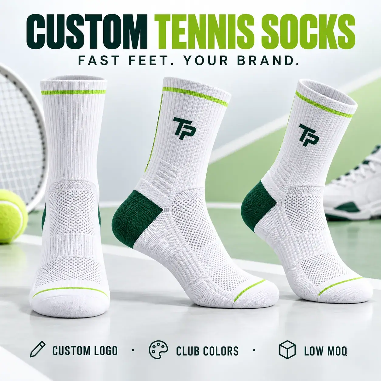 AI-generated custom tennis socks design reference; not an actual product photograph
