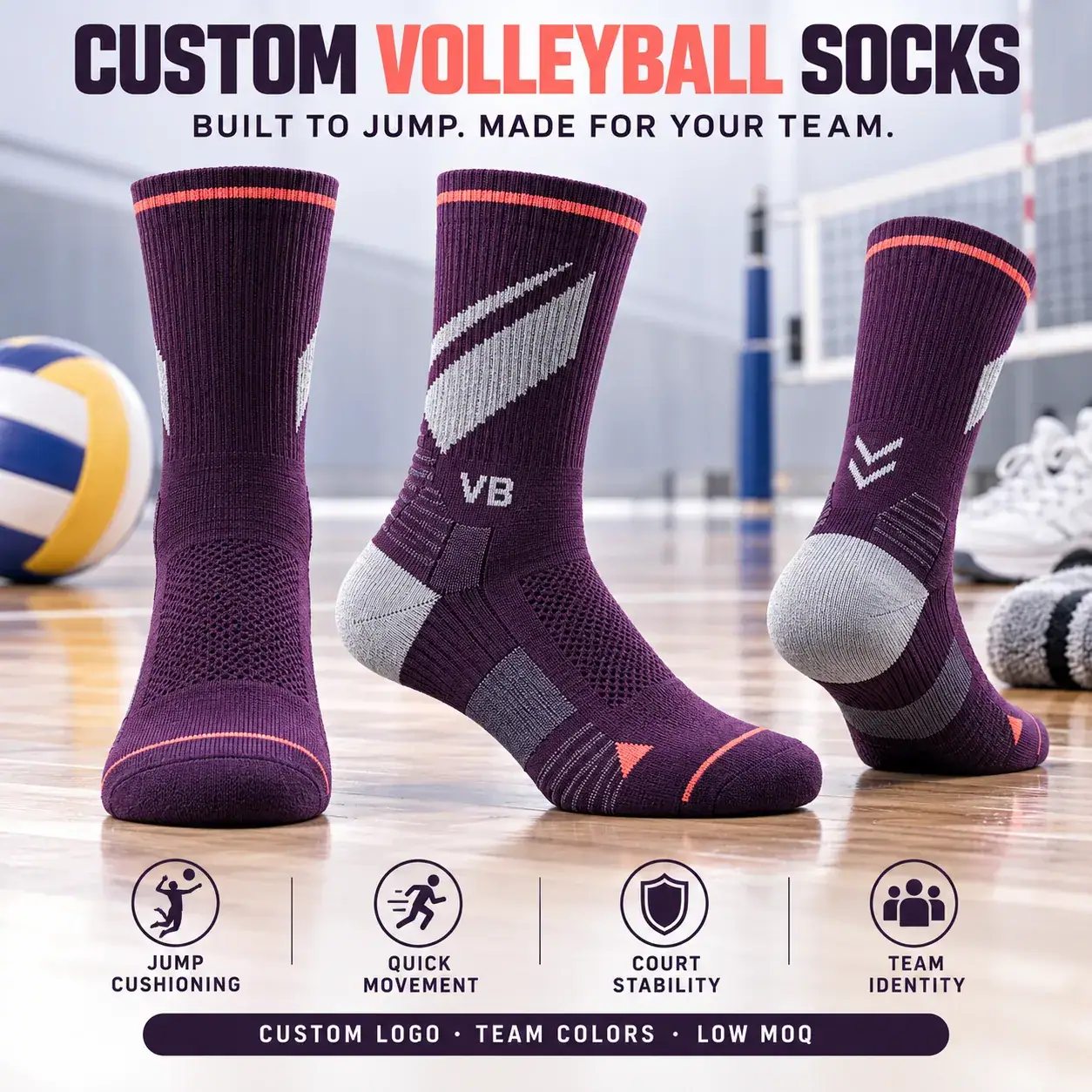 AI-generated custom volleyball socks design reference; not an actual product photograph