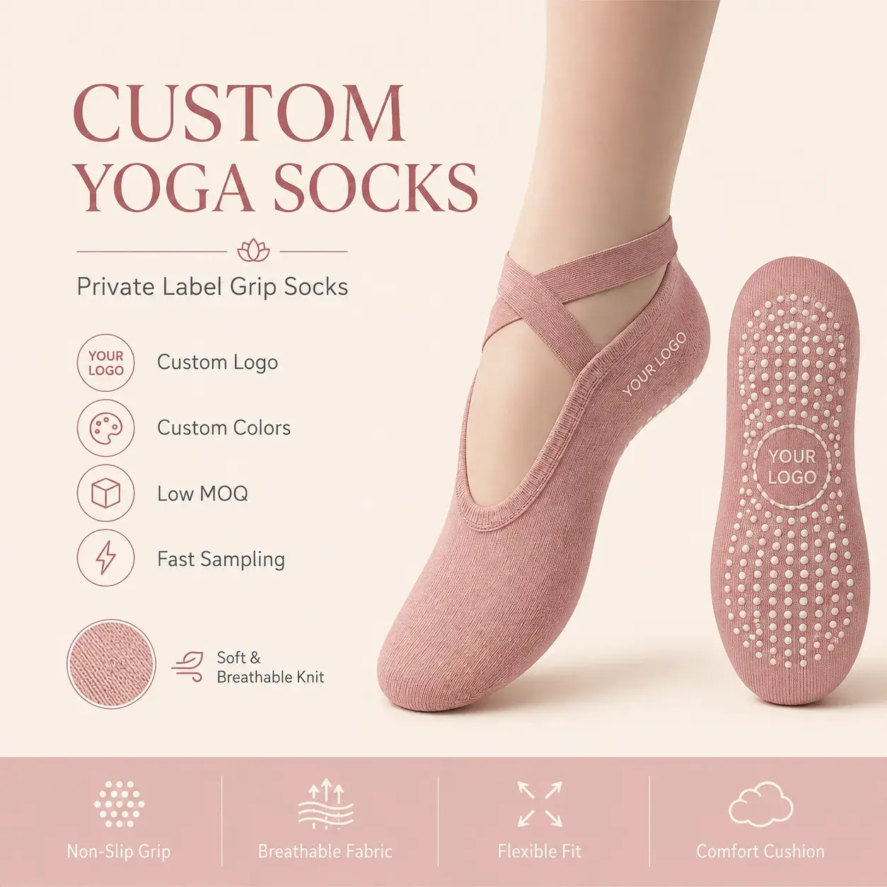 AI-generated custom yoga socks design reference; not an actual product photograph