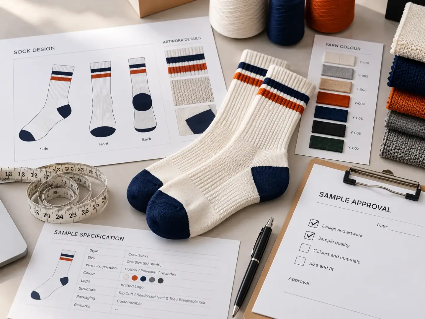AI-generated sample review illustration with socks, artwork, colour references and an approval sheet