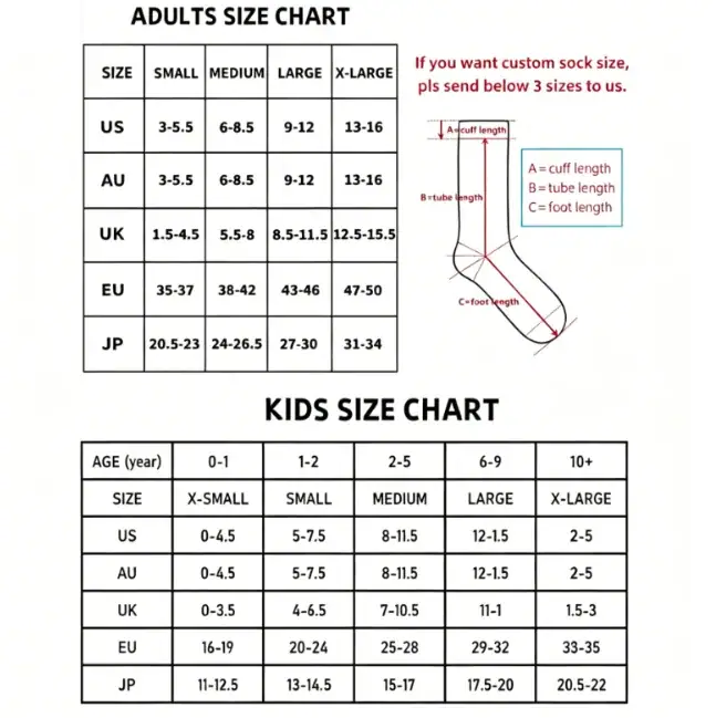 Supplied adult and children sock size reference chart and cuff, leg and foot measurement diagram